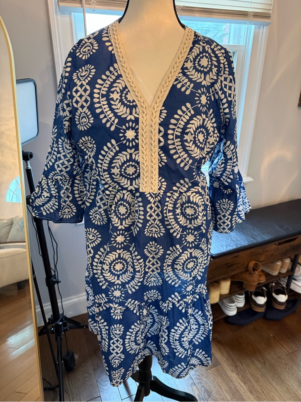 Saiph Cotton Navy Blue and White Printed Mini Dress with Lace Trim Made in Italy